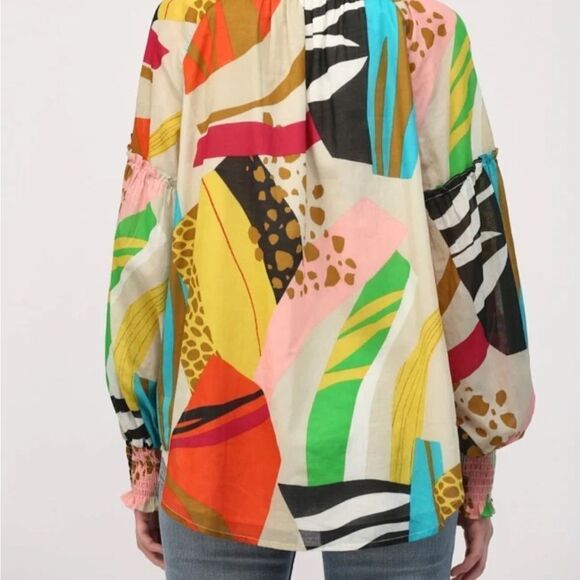 Fate Cotton Half Button Colorful Patterned Tie Blouse - Picture 4 of 11